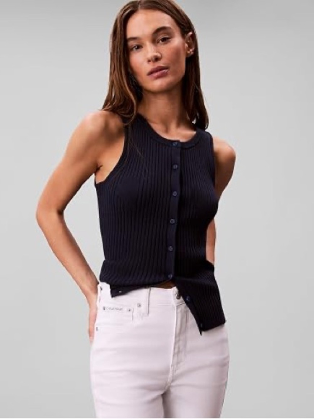 NWOT Calvin Klein Smooth Cotton Blend Rib Button Down Tank Top, Black – XS